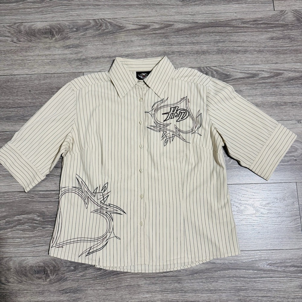 Harley Davidson Women White Pin Stripe Flaming Ace‎ Graphic Button Front XL